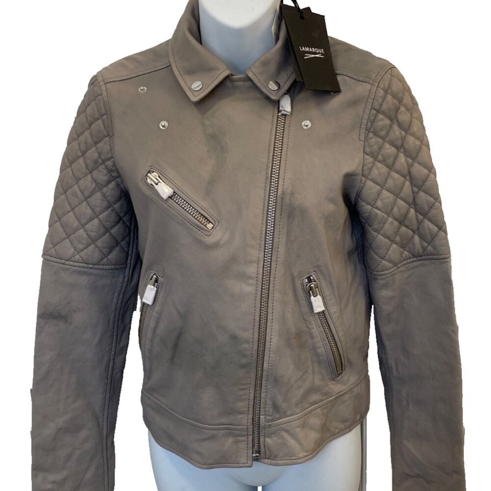 NWT Lamarque Quilted Leather Jacket Marilla Size XS Gravel Grey $675 - Picture 14 of 16